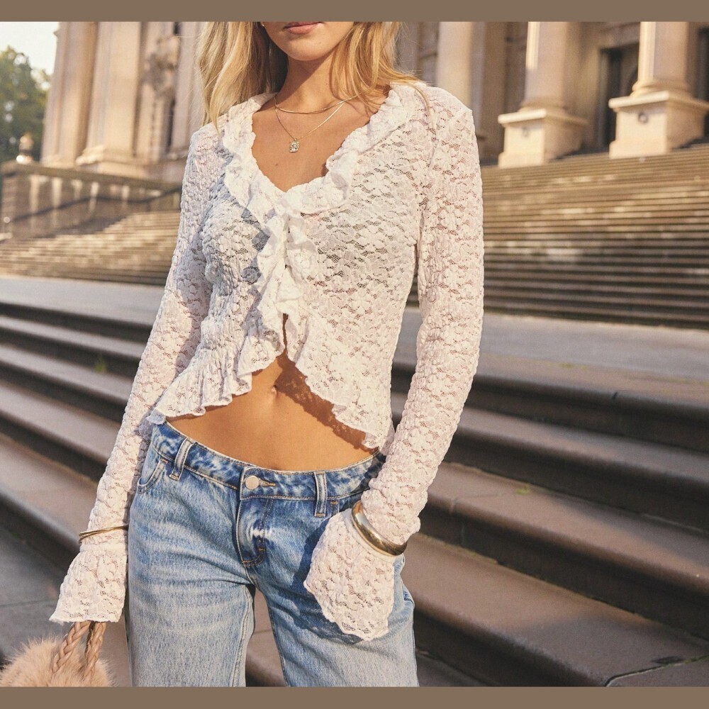 Ivory Lace Ruffle Front Top - Slim Fit Long Sleeve Blouse - Picture 6 of 12